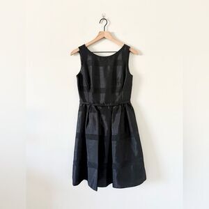 Just Taylor Sleeveless Fit & Flare Dress with Bow in Black Sheer Stripe Size 2